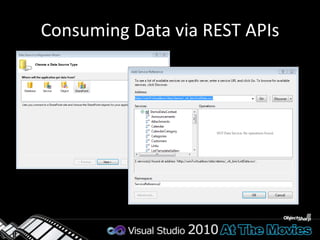 Consuming Data via REST APIsprivate DemoProxy.DemoDataContext _context =    new DemoProxy.DemoDataContext(new Uri(    "http://localhost/sites/demo/_vti_bin/ListData.svc"));private void Form1_Load(object sender, EventArgs e) {    _context.Credentials = System.Net.CredentialCache.DefaultCredentials;productsBindingSource.DataSource = _context.Products;}private void productsBindingNavigatorSaveItem_Click(object sender, EventArgs e) {    _context.SaveChanges();}private void productsBindingSource_CurrentItemChanged(object sender, EventArgs e) {    _context.UpdateObject(productsBindingSource.Current); } 