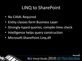 SPMetalEntities generated using SPMetal utilitySPMetal located in <System Root>\binspmetal /web:<site Url> /code:Projects.csCreate classes and add them to project