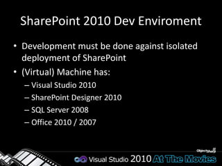 SharePoint 2010 Developer ToolsVisual Studio has robust tools for SP 2010 developmentProject and item templatesTemplates for many SharePoint elementsVisual Designers and ExplorersFeature and SolutionsSite contentsF5 deployment and debuggingDeployment is configurable