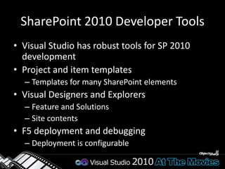 SharePoint 2010 ProjectsSharePoint Projects have standard propertiesProject FileProject FolderActive Deployment ConfigurationInclude Assembly in PackageAssembly Deployment TargetSandboxed SolutionSite URLStartup Item