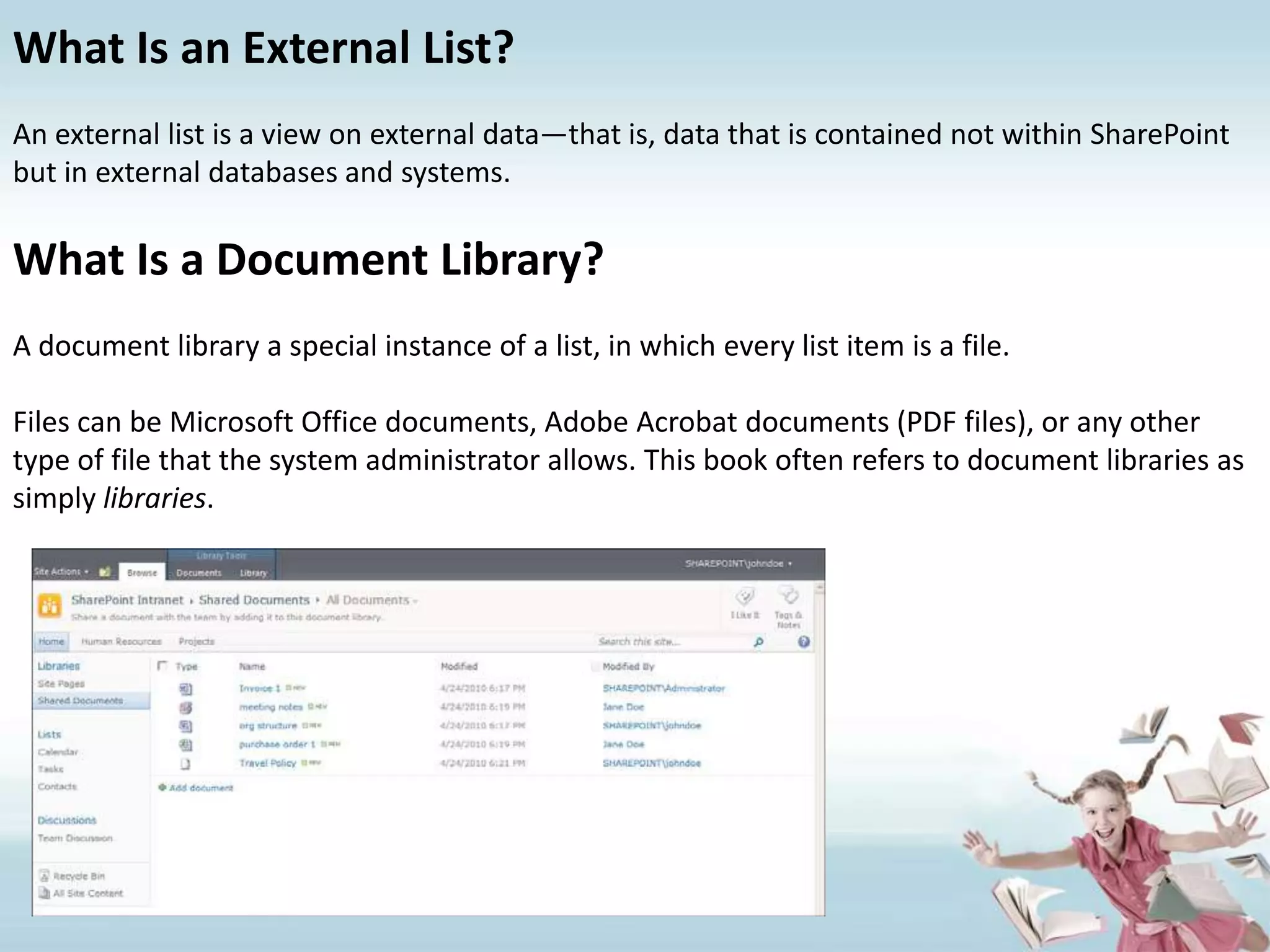What Is an External List?An external list is a view on external data—that is, data that is contained not within SharePoint but in external databases and systems.What Is a Document Library?A document library a special instance of a list, in which every list item is a file. Files can be Microsoft Office documents, Adobe Acrobat documents (PDF files), or any other type of file that the system administrator allows. This book often refers to document libraries as simply libraries.