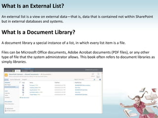 What Is an External List?An external list is a view on external data—that is, data that is contained not within SharePoint but in external databases and systems.What Is a Document Library?A document library a special instance of a list, in which every list item is a file. Files can be Microsoft Office documents, Adobe Acrobat documents (PDF files), or any other type of file that the system administrator allows. This book often refers to document libraries as simply libraries.