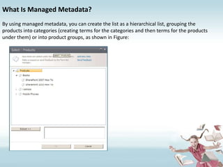 What Is Managed Metadata?By using managed metadata, you can create the list as a hierarchical list, grouping theproducts into categories (creating terms for the categories and then terms for the productsunder them) or into product groups, as shown in Figure: