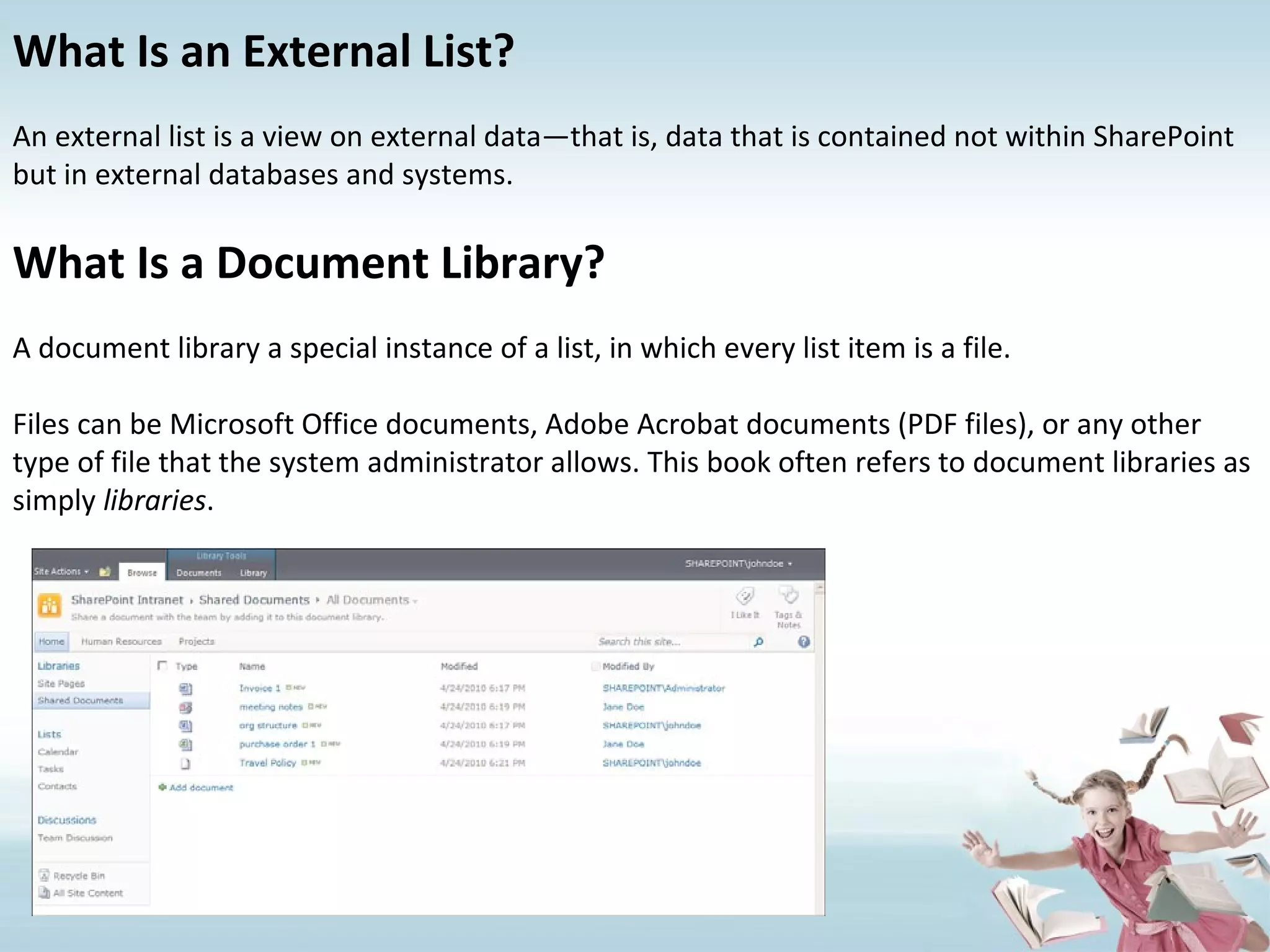 What Is an External List? An external list is a view on external data—that is, data that is contained not within SharePoint but in external databases and systems. What Is a Document Library? A document library a special instance of a list, in which every list item is a file.  Files can be Microsoft Office documents, Adobe Acrobat documents (PDF files), or any other type of file that the system administrator allows. This book often refers to document libraries as simply  libraries . 