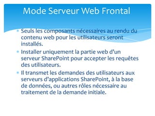 Mode Serveur Web Frontal
Seuls les composants nécessaires au rendu du
contenu web pour les utilisateurs seront
installés.
Installer uniquement la partie web d’un
serveur SharePoint pour accepter les requêtes
des utilisateurs.
Il transmet les demandes des utilisateurs aux
serveurs d’applications SharePoint, à la base
de données, ou autres rôles nécessaire au
traitement de la demande initiale.
 