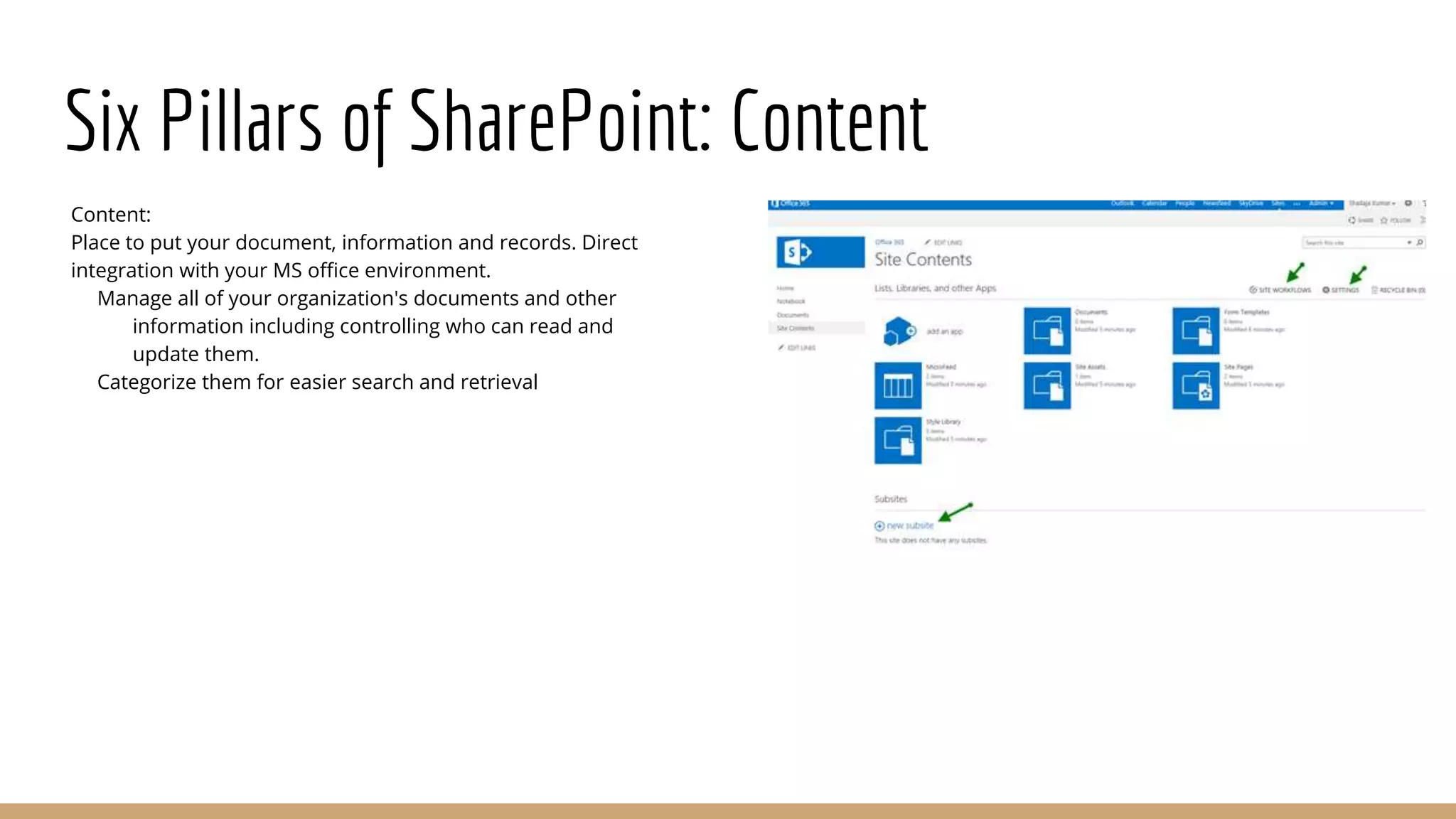 Six Pillars of SharePoint: Content
Content:
Place to put your document, information and records. Direct
integration with your MS office environment.
Manage all of your organization's documents and other
information including controlling who can read and
update them.
Categorize them for easier search and retrieval
 