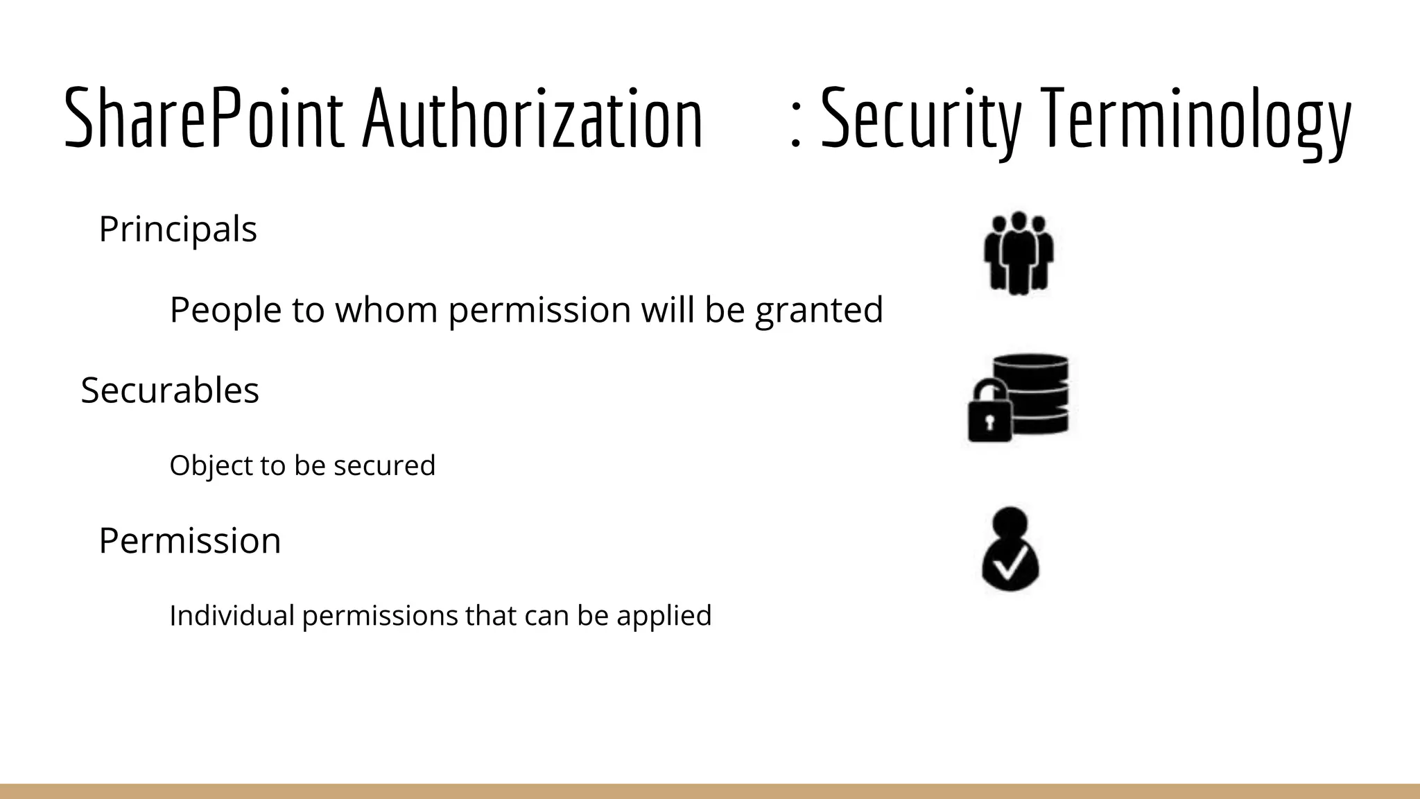 SharePoint Authorization : Security Terminology
Principals
People to whom permission will be granted
Securables
Object to be secured
Permission
Individual permissions that can be applied
 