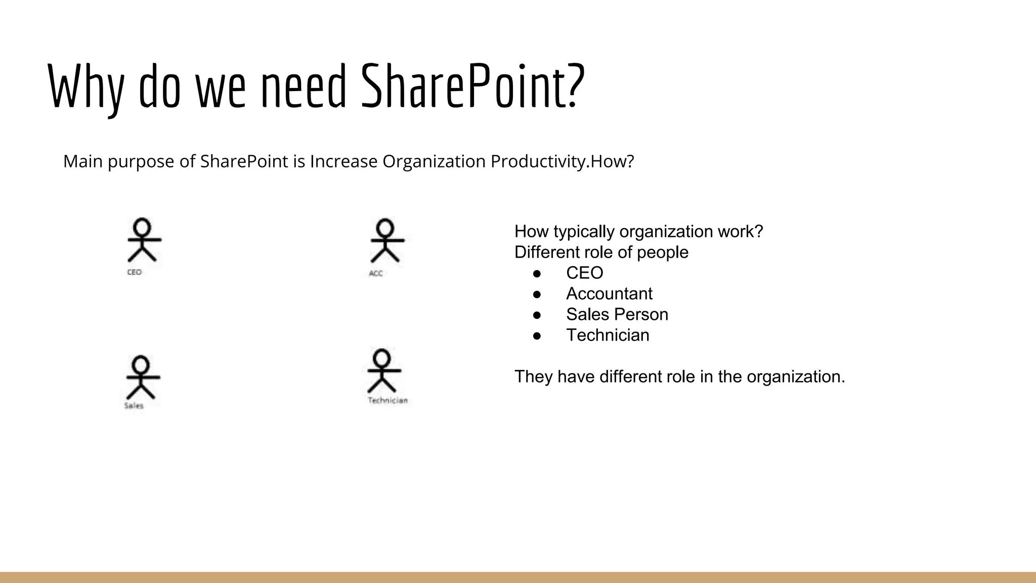 Why do we need SharePoint?
Main purpose of SharePoint is Increase Organization Productivity.How?
How typically organization work?
Different role of people
● CEO
● Accountant
● Sales Person
● Technician
They have different role in the organization.
 