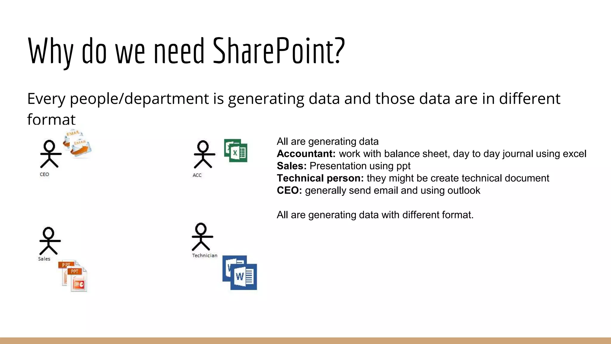 Why do we need SharePoint?
Every people/department is generating data and those data are in different
format
All are generating data
Accountant: work with balance sheet, day to day journal using excel
Sales: Presentation using ppt
Technical person: they might be create technical document
CEO: generally send email and using outlook
All are generating data with different format.
 