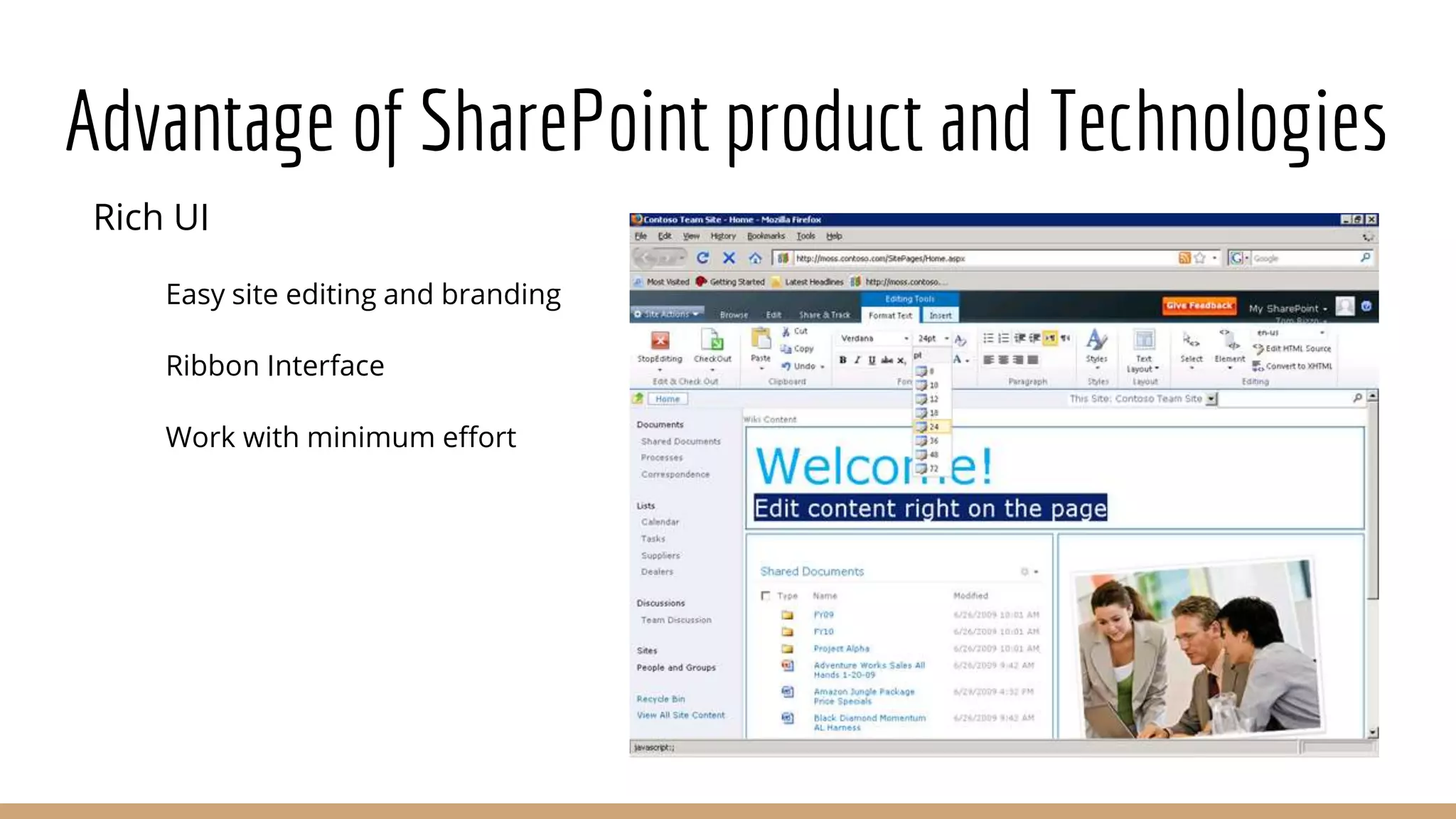 Advantage of SharePoint product and Technologies
Rich UI
Easy site editing and branding
Ribbon Interface
Work with minimum effort
 