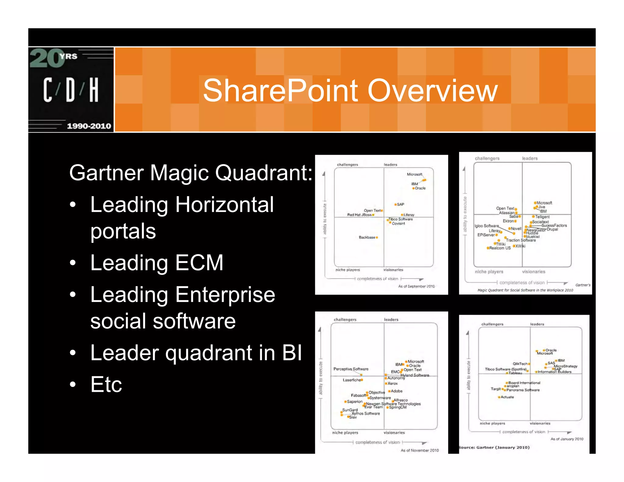 SharePoint Overview

Gartner Magic Quadrant:
• Leading Horizontal
  portals
• Leading ECM
• Leading Enterprise
  social software
• Leader quadrant in BI
• Etc
 