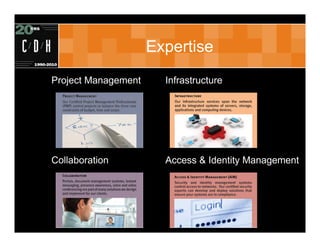 Expertise
Project Management     Infrastructure




Collaboration          Access & Identity Management
 