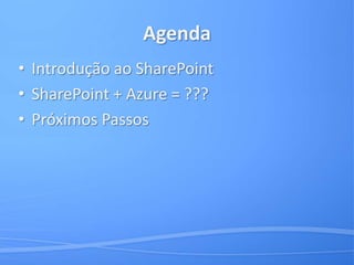 AgendaIntrodução ao SharePointSharePoint + Azure = ???Próximos Passos