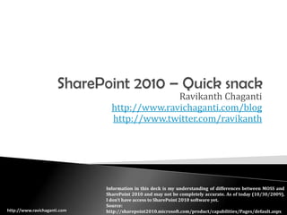 SharePoint 2010 – Quick snack Ravikanth Chaganti http://www.ravichaganti.com/blog http://www.twitter.com/ravikanth http://www.ravichaganti.com Information in this deck is my understanding of differences between MOSS and SharePoint 2010 and may not be completely accurate. As of today (10/30/2009), I don’t have access to SharePoint 2010 software yet. Source: http://sharepoint2010.microsoft.com/product/capabilities/Pages/default.aspx 