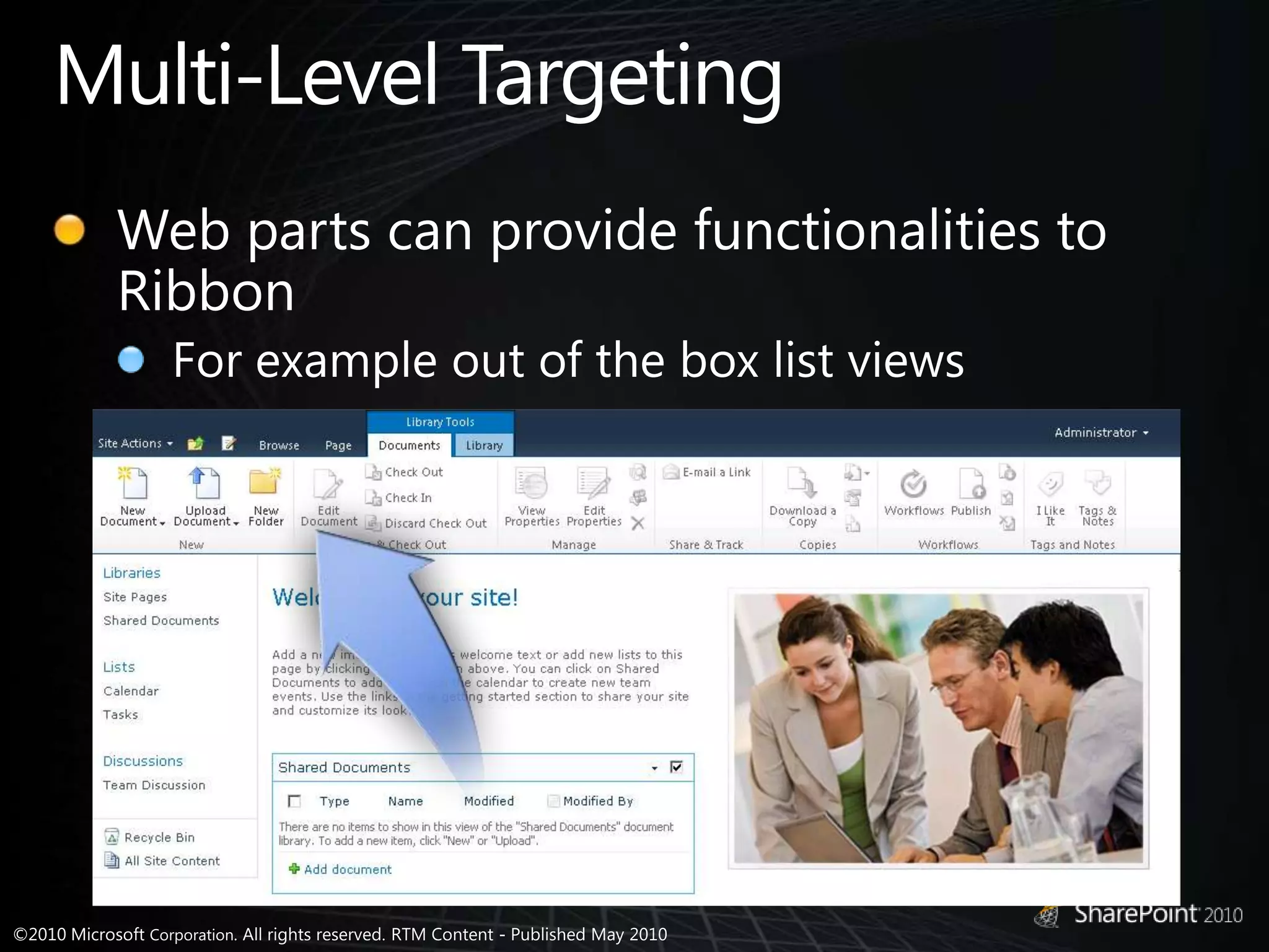 Multi-Level TargetingWeb parts can provide functionalities to RibbonFor example out of the box list views