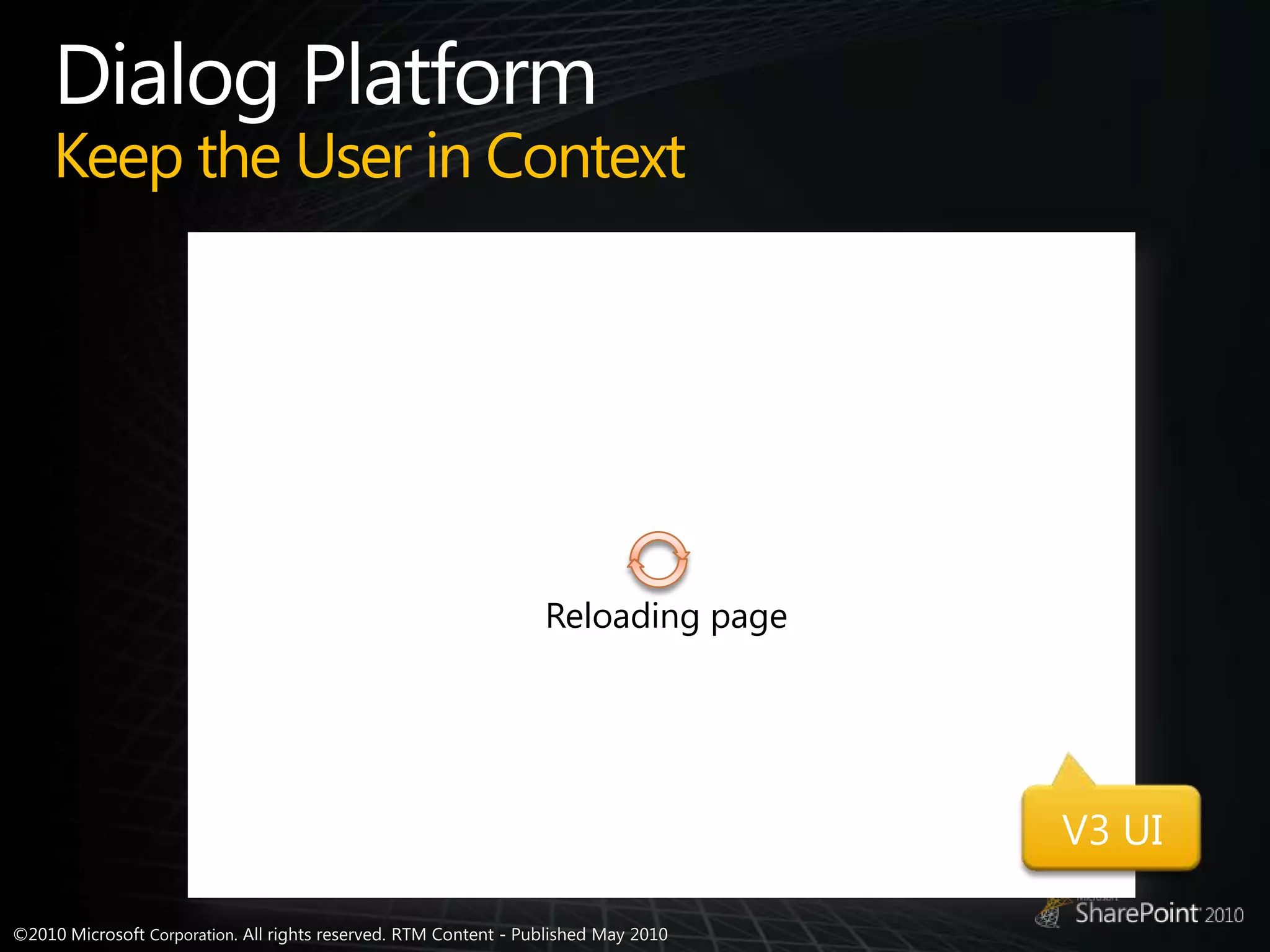 Dialog PlatformKeep the User in ContextReloading pageV3 UI