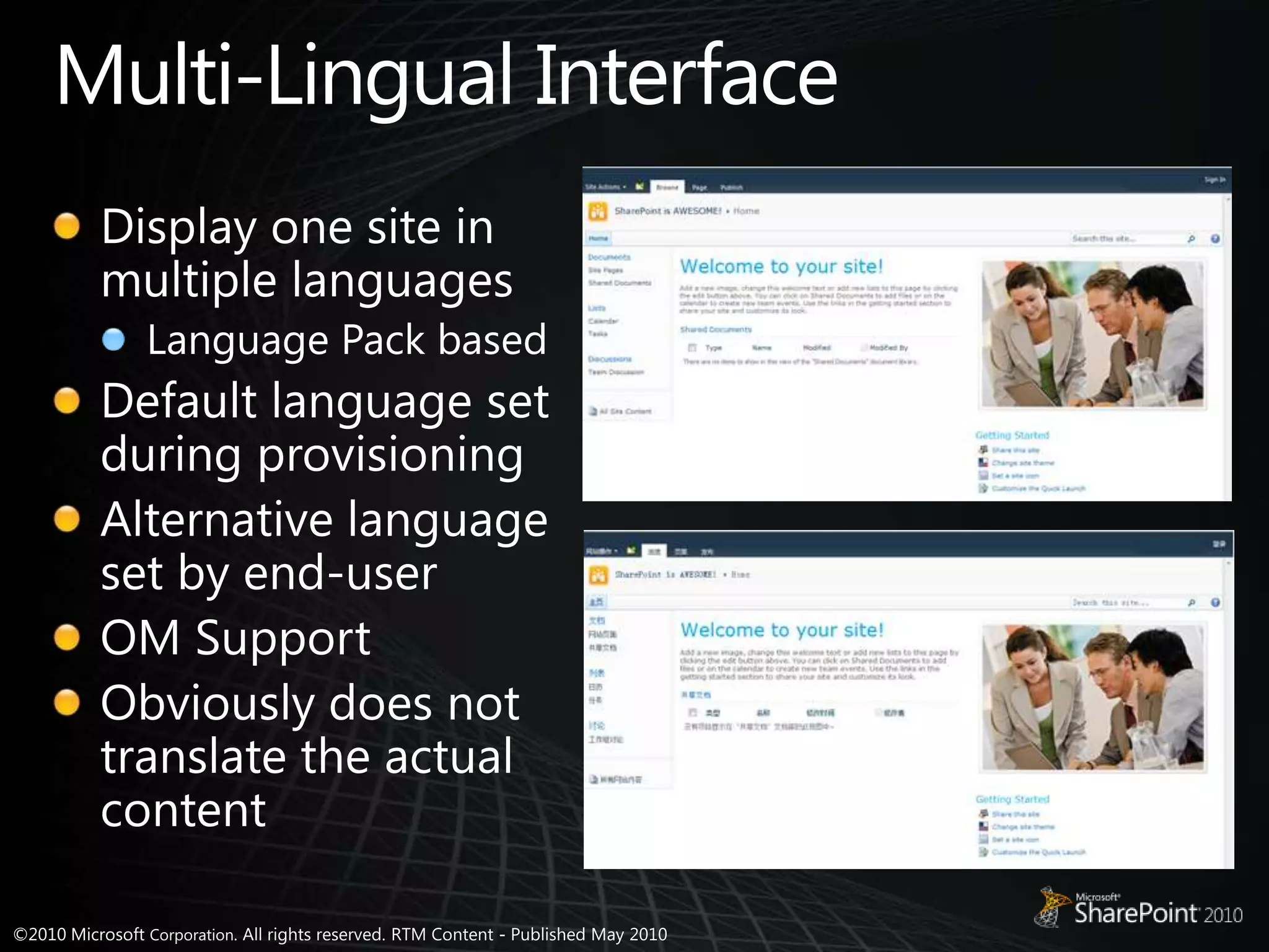 Multi-Lingual InterfaceDisplay one site in multiple languagesLanguage Pack basedDefault language set during provisioningAlternative language set by end-userOM SupportObviously does not translate the actual content