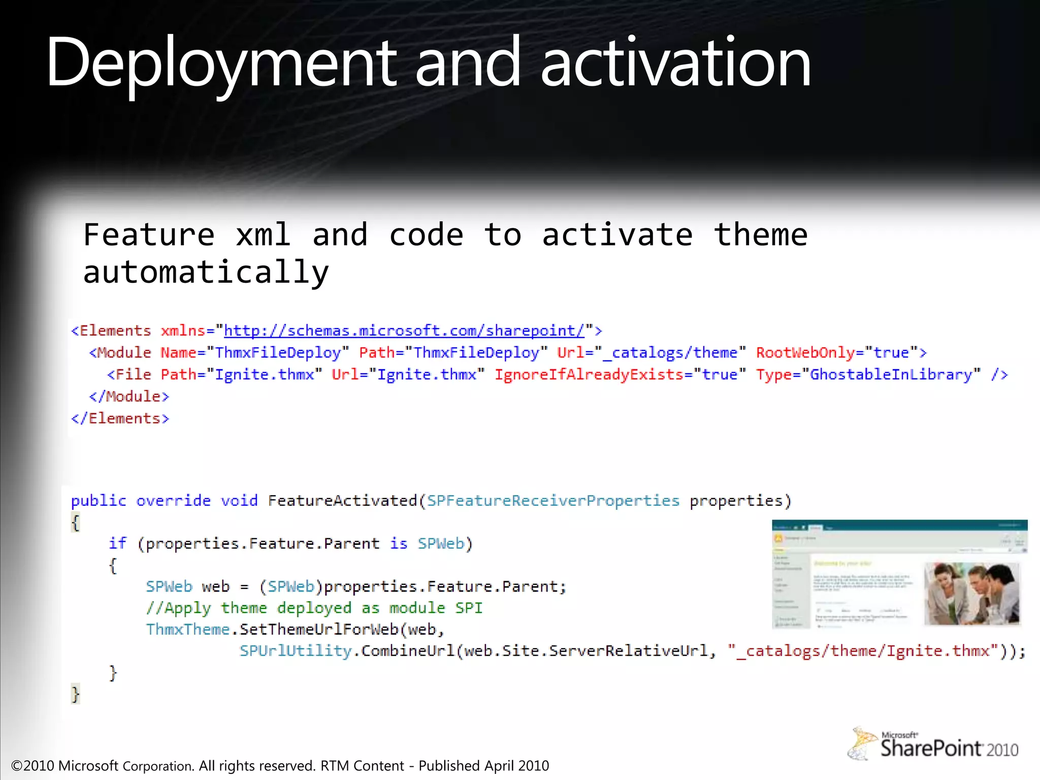 Example Theming Markup/* [ReplaceColor(themeColor:"Light1")] */background-color:#fff;/* [ReplaceColor(themeColor:"Light2",themeShade:"0.02")] */ border:1px solid #f1f1f2;/* [RecolorImage(themeColor:"Accent6",method:"Tinting")] */ background-image:url("/_layouts/images/selectednav.gif");/* [RecolorImage(themeColor:"Accent6-Darker",method:"Tinting", includeRectangle:{x:0,y:322,width:1,height:22})] */ background:url("/_layouts/images/bgximg.png");