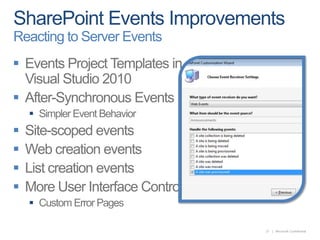 SharePoint Events ImprovementsReacting to Server EventsEvents Project Templates in Visual Studio 2010After-Synchronous EventsSimpler Event BehaviorSite-scoped eventsWeb creation eventsList creation eventsMore User Interface ControlCustom Error Pages