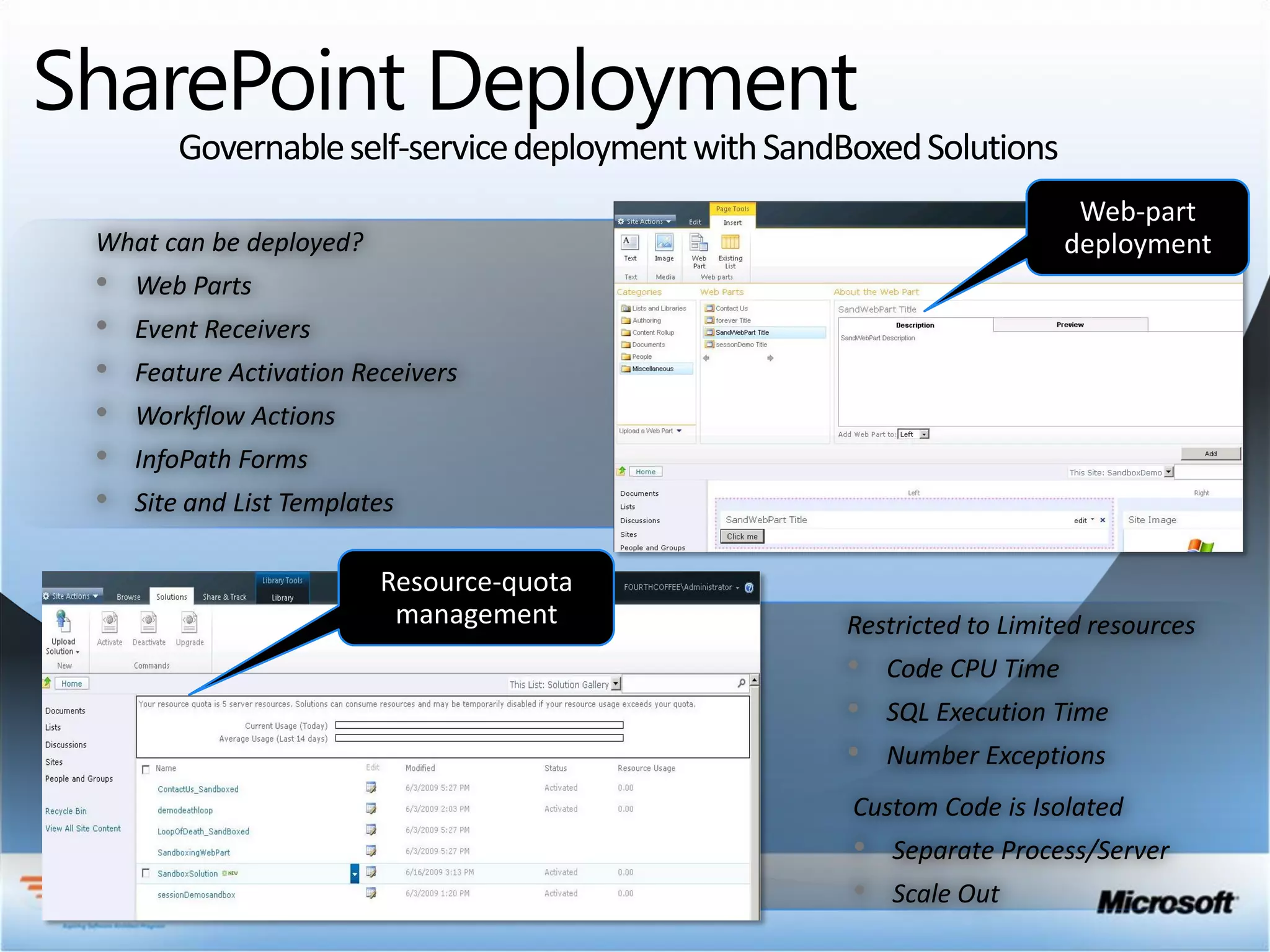 SharePoint Deployment
        Governable self-service deployment with SandBoxed Solutions

 What can be deployed?
 •   Web Parts
 •   Event Receivers
 •   Feature Activation Receivers
 •   Workflow Actions
 •   InfoPath Forms
 •   Site and List Templates



                                                    Restricted to Limited resources
                                                    •    Code CPU Time
                                                    •    SQL Execution Time
                                                    •    Number Exceptions
                                                     Custom Code is Isolated
                                                     •   Separate Process/Server
                                                     •   Scale Out
 