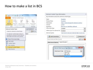 How to make a list in BCS
14 July, 2010
SharePoint 2010 Business Data Connectivity - Possibilities and Limitations
 