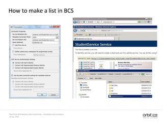 How to make a list in BCS
14 July, 2010
SharePoint 2010 Business Data Connectivity - Possibilities and Limitations
 