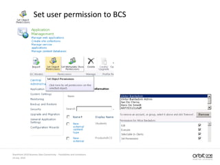 Set user permission to BCS
14 July, 2010
SharePoint 2010 Business Data Connectivity - Possibilities and Limitations
 