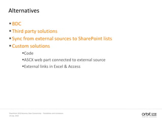 Alternatives
BDC
Third party solutions
Sync from external sources to SharePoint lists
Custom solutions
Code
ASCX web part connected to external source
External links in Excel & Access
14 July, 2010
SharePoint 2010 Business Data Connectivity - Possibilities and Limitations
 