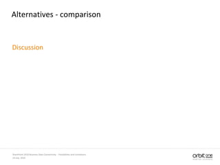 Alternatives - comparison
Discussion
14 July, 2010
SharePoint 2010 Business Data Connectivity - Possibilities and Limitations
 