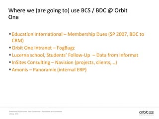 Where we (are going to) use BCS / BDC @ Orbit
One
Education International – Membership Dues (SP 2007, BDC to
CRM)
Orbit One Intranet – FogBugz
Lucerna school, Students’ Follow-Up – Data from Informat
InSites Consulting – Navision (projects, clients,...)
Amonis – Panoramix (internal ERP)
14 July, 2010
SharePoint 2010 Business Data Connectivity - Possibilities and Limitations
 