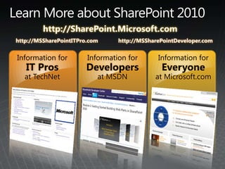 http://SharePoint.Microsoft.com
http://MSSharePointITPro.com     http://MSSharePointDeveloper.com


Information for         Information for       Information for
   IT Pros             Developers              Everyone
   at TechNet              at MSDN           at Microsoft.com
 