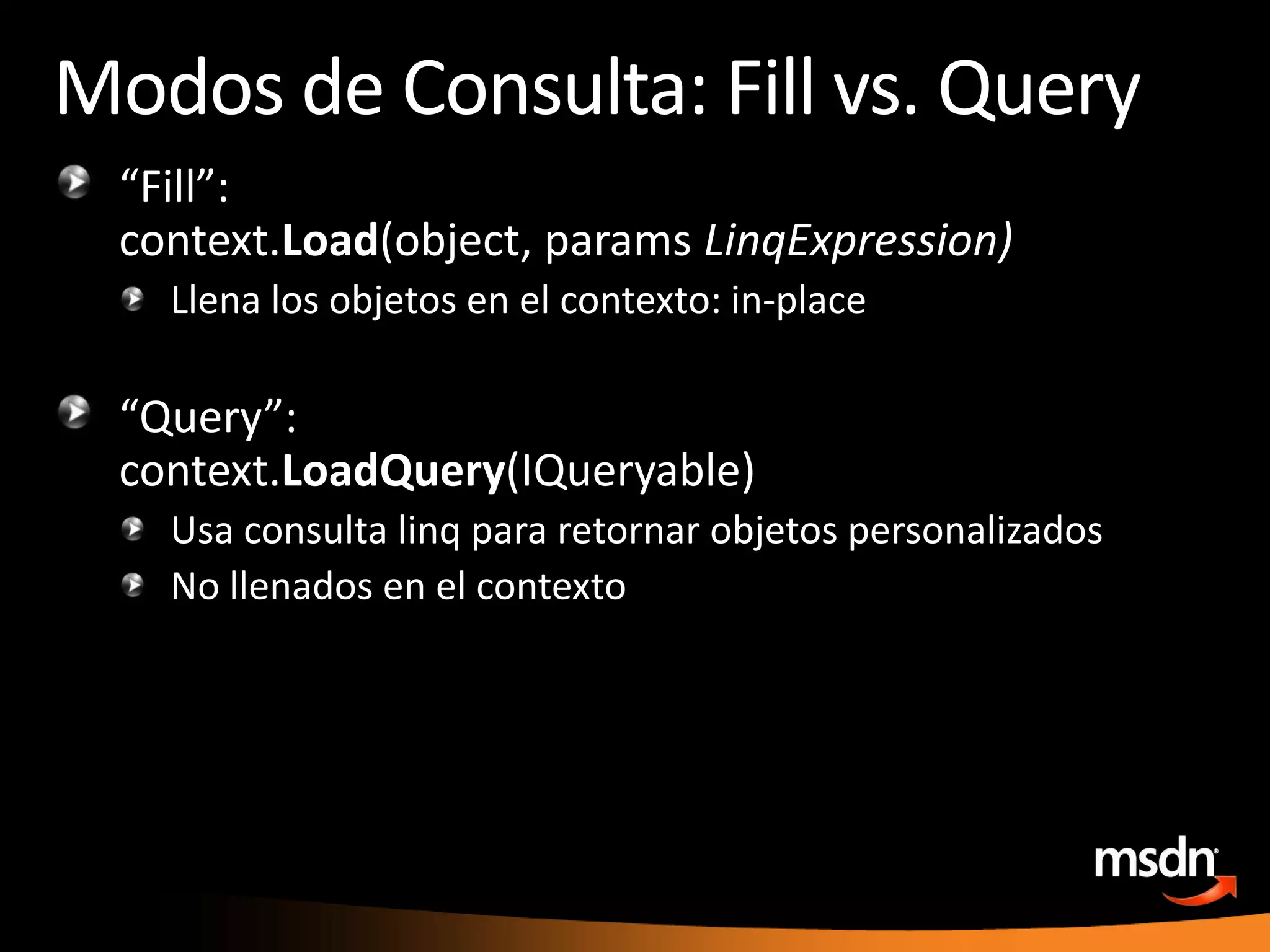 Obtención de ConsultasPor default, .Load obtendralaspropiedadesmás simples de un objetoExplicitamenteesnecesarioobtenerobjetoscliente o coleccioneshijasPuedesusarLinqparadefinir la forma de tu queryQuépropiedadesincluirQue sub-objetosretornarItems de listasaúnnecesitanusar queries CAML