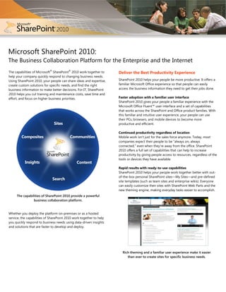 Microsoft SharePoint 2010:
The Business Collaboration Platform for the Enterprise and the Internet
                            ®            ®
The capabilities of Microsoft SharePoint 2010 work together to       Deliver the Best Productivity Experience
help your company quickly respond to changing business needs.
Using SharePoint 2010, your people can share ideas and expertise,    SharePoint 2010 helps your people be more productive. It offers a
create custom solutions for specific needs, and find the right       familiar Microsoft Office experience so that people can easily
business information to make better decisions. For IT, SharePoint    access the business information they need to get their jobs done.
2010 helps you cut training and maintenance costs, save time and
effort, and focus on higher business priorities.                     Faster adoption with a familiar user interface
                                                                     SharePoint 2010 gives your people a familiar experience with the
                                                                     Microsoft Office Fluent™ user interface and a set of capabilities
                                                                     that works across the SharePoint and Office product families. With
                                                                     this familiar and intuitive user experience, your people can use
                                                                     their PCs, browsers, and mobile devices to become more
                                                                     productive and efficient.

                                                                     Continued productivity regardless of location
                                                                     Mobile work isn’t just for the sales force anymore. Today, most
                                                                     companies expect their people to be “always on, always
                                                                     connected,” even when they’re away from the office. SharePoint
                                                                     2010 offers a full set of capabilities that can help to increase
                                                                     productivity by giving people access to resources, regardless of the
                                                                     tools or devices they have available.

                                                                     Rapid results with ready-to-use capabilities
                                                                     SharePoint 2010 helps your people work together better with out-
                                                                     of-the-box personal SharePoint sites—My Sites—and pre-defined
                                                                     site templates (such as team sites and enterprise wikis). Everyone
                                                                     can easily customize their sites with SharePoint Web Parts and the
                                                                     new theming engine, making everyday tasks easier to accomplish.
     The capabilities of SharePoint 2010 provide a powerful
                business collaboration platform.


Whether you deploy the platform on-premises or as a hosted
service, the capabilities of SharePoint 2010 work together to help
you quickly respond to business needs using data-driven insights
and solutions that are faster to develop and deploy.




                                                                       Rich theming and a familiar user experience make it easier
                                                                          than ever to create sites for specific business needs.
 