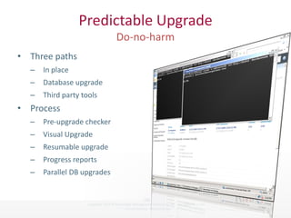 Predictable Upgrade

• Three paths
        –          In place
        –          Database upgrade
        –          Third party tools
• Process
        –          Pre-upgrade checker
        –          Visual Upgrade
        –          Resumable upgrade
        –          Progress reports
        –          Parallel DB upgrades


                                                                    (18)
Twitter hashtag:                 Copyright 2010 © Knowledge Management Associates, LLC. All rights reserved.
                                                       Twitterhashtag: #kmasp2010
 