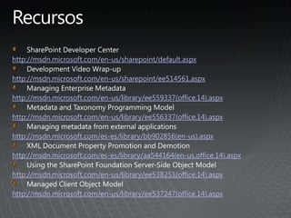 http://msdn.microsoft.com/en-us/sharepoint/default.aspx
http://msdn.microsoft.com/en-us/sharepoint/ee514561.aspx
http://msdn.microsoft.com/en-us/library/ee559337(office.14).aspx
http://msdn.microsoft.com/en-us/library/ee556337(office.14).aspx
http://msdn.microsoft.com/es-es/library/bb902856(en-us).aspx
http://msdn.microsoft.com/es-es/library/aa544164(en-us,office.14).aspx
http://msdn.microsoft.com/en-us/library/ee538251(office.14).aspx
http://msdn.microsoft.com/en-us/library/ee537247(office.14).aspx
 