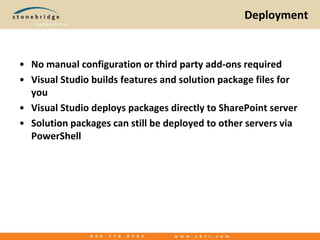 DeploymentNo manual configuration or third party add-ons requiredVisual Studio builds features and solution package files for youVisual Studio deploys packages directly to SharePoint serverSolution packages can still be deployed to other servers via PowerShell