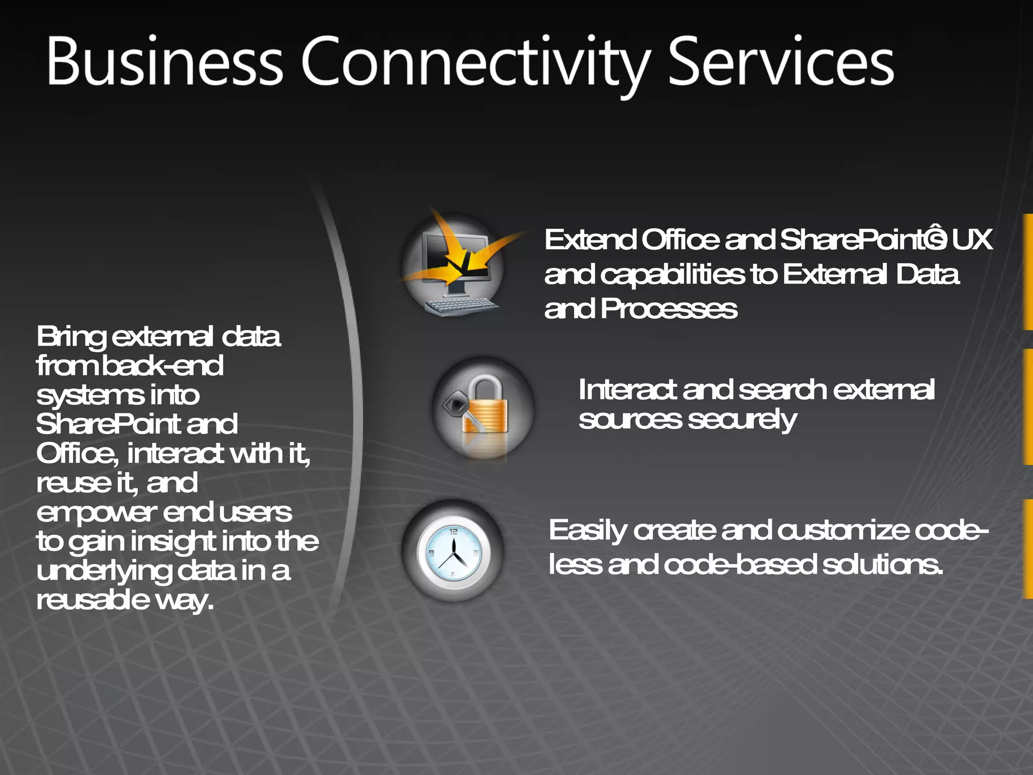 Extend Office and SharePoint&lsquo;s UX and capabilities to External Data and Processes Easily create and customize code-less and code-based solutions.  Bring external data from back-end systems into SharePoint and Office, interact with it, reuse it, and empower end users to gain insight into the underlying data in a reusable way.  Interact and search external sources securely 