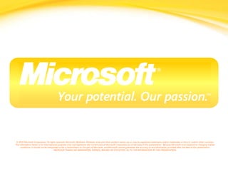Click to edit headline title style
Click to edit body copy.
© 2010 Microsoft Corporation. All rights reserved. Microsoft, Windows, Windows Vista and other product names are or may be registered trademarks and/or trademarks in the U.S. and/or other countries.
The information herein is for informational purposes only and represents the current view of Microsoft Corporation as of the date of this presentation. Because Microsoft must respond to changing market
conditions, it should not be interpreted to be a commitment on the part of Microsoft, and Microsoft cannot guarantee the accuracy of any information provided after the date of this presentation.
MICROSOFT MAKES NO WARRANTIES, EXPRESS, IMPLIED OR STATUTORY, AS TO THE INFORMATION IN THIS PRESENTATION.
 