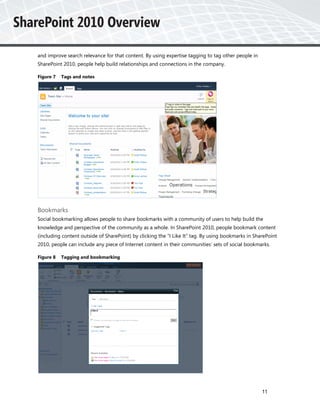 and improve search relevance for that content. By using expertise tagging to tag other people in
SharePoint 2010, people help build relationships and connections in the company.

Figure 7   Tags and notes




Bookmarks
Social bookmarking allows people to share bookmarks with a community of users to help build the
knowledge and perspective of the community as a whole. In SharePoint 2010, people bookmark content
(including content outside of SharePoint) by clicking the “I Like It” tag. By using bookmarks in SharePoint
2010, people can include any piece of Internet content in their communities’ sets of social bookmarks.

Figure 8   Tagging and bookmarking




                                                                                                    11
 