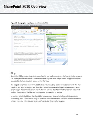 Figure 10 Changing the page layout of an Enterprise Wiki




Blogs
SharePoint 2010 enhances blogs for improved author and reader experiences. Each person in the company
can have a personal blog, which is linked to his or her My Site. When people submit blog posts, the posts
are added to the Recent Activity section of their My Sites.

The blog site template in SharePoint 2010 features enhanced, blog-related navigation elements that allow
people to sort posts by category and date. Blog content features an AJAX-based page experience when
people toggle the comment view on and off. Readers can view the “About this blog” content area, which
explains the purpose of the blog and introduces the blog’s author or authors.

In addition to individual blogs, SharePoint 2010 provides team blogs, which allow multiple people to
publish blog posts. Teams can use blogs to work with internal and external customers, or with other teams
who are interested in the status or progress of a project or for any other purpose.




                                                                                                  13
 