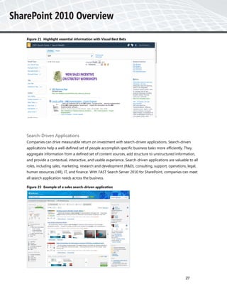 Figure 21 Highlight essential information with Visual Best Bets




Search-Driven Applications
Companies can drive measurable return on investment with search-driven applications. Search-driven
applications help a well-defined set of people accomplish specific business tasks more efficiently. They
aggregate information from a defined set of content sources, add structure to unstructured information,
and provide a contextual, interactive, and usable experience. Search-driven applications are valuable to all
roles, including sales, marketing, research and development (R&D), consulting, support, operations, legal,
human resources (HR), IT, and finance. With FAST Search Server 2010 for SharePoint, companies can meet
all search application needs across the business.

Figure 22 Example of a sales search-driven application




                                                                                                    27
 