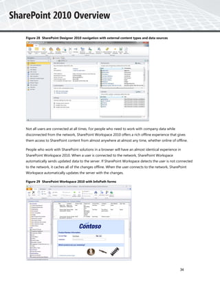 Figure 28 SharePoint Designer 2010 navigation with external content types and data sources




Not all users are connected at all times. For people who need to work with company data while
disconnected from the network, SharePoint Workspace 2010 offers a rich offline experience that gives
them access to SharePoint content from almost anywhere at almost any time, whether online of offline.

People who work with SharePoint solutions in a browser will have an almost identical experience in
SharePoint Workspace 2010. When a user is connected to the network, SharePoint Workspace
automatically sends updated data to the server. If SharePoint Workspace detects the user is not connected
to the network, it caches all of the changes offline. When the user connects to the network, SharePoint
Workspace automatically updates the server with the changes.

Figure 29 SharePoint Workspace 2010 with InfoPath forms




                                                                                                  34
 
