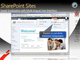 SharePoint SitesEasier localization with Multi-lingual User InterfaceSwitch in run-time between languagesPre-Beta Screenshot.