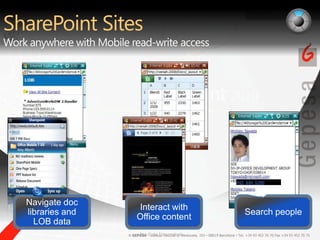 SharePoint SitesWork anywhere with Mobile read-write accessSearch peopleInteract with Office contentNavigate doc libraries and LOB data042 440 5280Pre-Beta Screenshots.