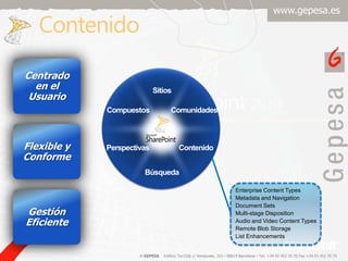 ContenidoCentrado en el UsuarioSitiosComunidadesCompuestosFlexible y ConformeContenidoPerspectivasEnterprise Content TypesMetadata and NavigationDocument SetsMulti-stage DispositionAudio and Video Content TypesRemote Blob StorageList EnhancementsGestiónEficienteBúsqueda