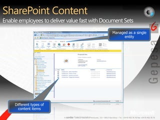 SharePoint ContentEnable employees to deliver value fast with Document SetsManaged as a single entityDifferent types of content itemsPre-Beta Screenshot.