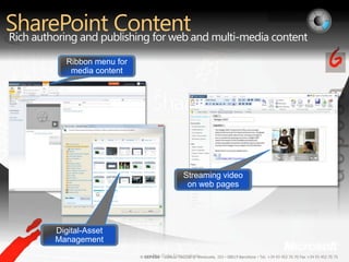 SharePoint ContentRich authoring and publishing for web and multi-media contentMicrosoft Confidential, Prototype OnlyStreaming video on web pagesRibbon menu for media contentDigital-Asset ManagementPre-Beta Screenshots.