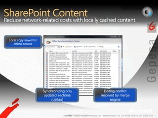 SharePoint ContentReduce network-related costs with locally cached contentEditing conflict resolved by merge engineSynchronizing only updated sections (deltas)Local copy saved for offline accessPre-Beta Screenshot.