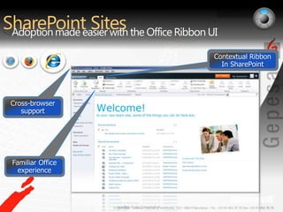 SharePoint SitesAdoption made easier with the Office Ribbon UI Contextual Ribbon In SharePointCross-browser supportFamiliar Office experiencePre-Beta Screenshot.