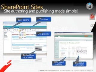 SharePoint SitesSite authoring and publishing made simple!Interactive SilverlightLive previewEmbedding rich mediaThemingAJAX-based usabilityEasy editingPre-Beta Screenshots.